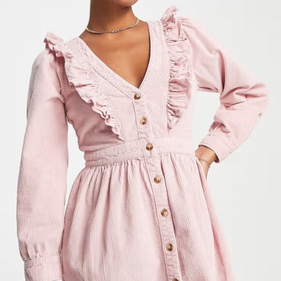 Miss Selfridge petite ruffle yolk corduroy dress in pink - Picture 1 of 6